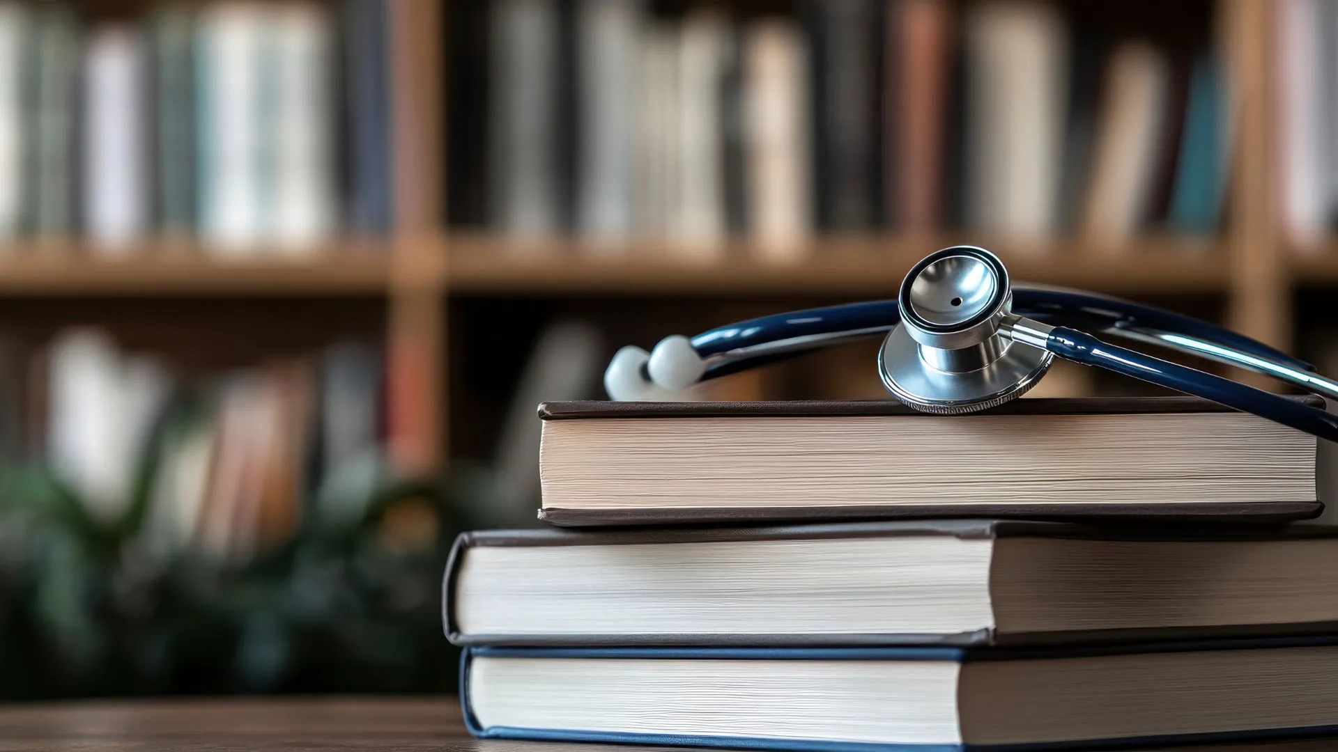 Livros de medicina e estetoscópio sobre a mesa de estudo